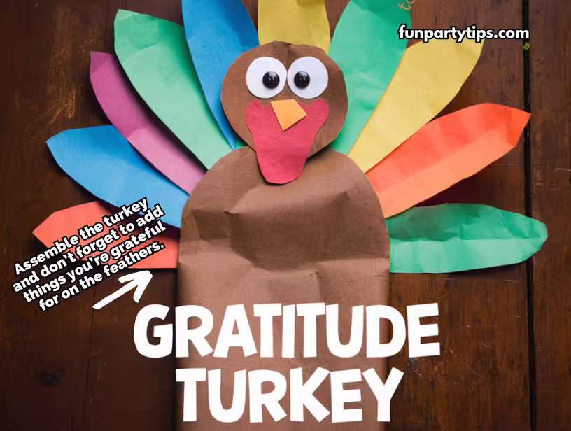A-colorful-turkey-craft-made-of-construction-paper-with-feathers-labeled-with-things-to-be-grateful-for.-The-text-on-the-image-says-Gratitude-Turkey.-This-image-is-perfect-for-thanksgiving-gratitude-games-for-kids-and-gratitude-activities.