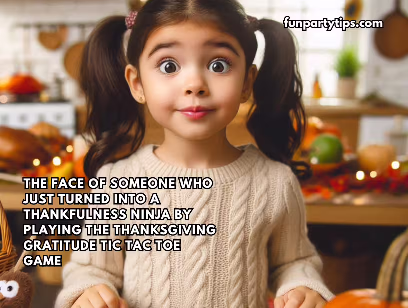 A-young-girl-with-wide-eyes-smiling-next-to-a-Thanksgiving-Gratitude-Tic-Tac-Toe-Game-for-Kids-with-the-text-"The-face-of-someone-who-just-turned-into-a-thankfulness-ninja-by-playing-the-Thanksgiving-Gratitude-Tic-Tac-Toe-game."
