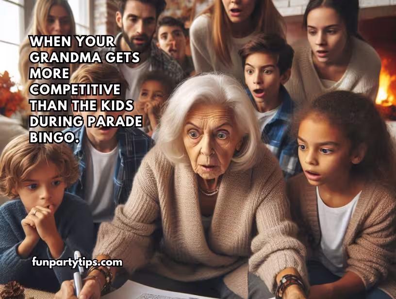 A-family-watching-in-amazement-as-an-elderly-woman-gets-competitive-during-a-fun-family-game-for-Thanksgiving.-The-grandmother's-determined-look-shows-she's-in-it-to-win-it-during-the-Thanksgiving-Parade-Bingo.-Family-Game-for-Thanksgiving.