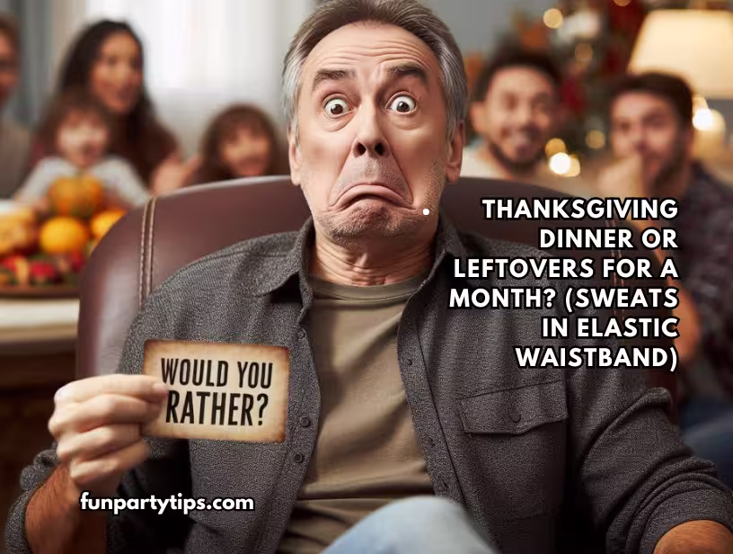 An-older-man-with-a-comical-expression-holds-a-"Would-You-Rather"-card,-representing-a-fun-Thanksgiving-dilemma-about-dinner-versus-month-long-leftovers.