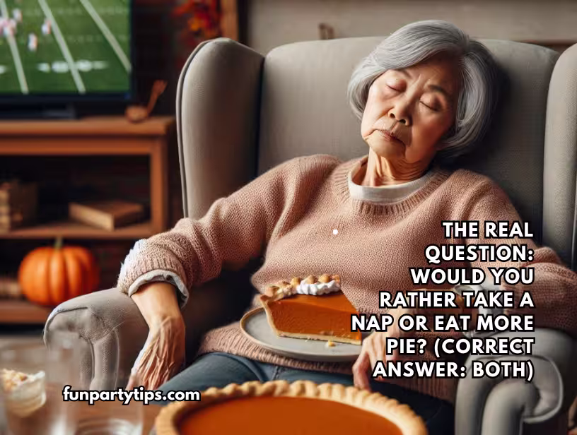 An-elderly-Asian-woman-naps-in-a-chair-with-pie-on-her-lap,-embodying-the-fun-Thanksgiving-"Would-You-Rather"-dilemma-of-napping-or-eating-more-pie.