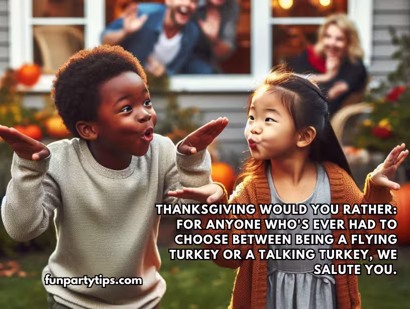 Two-diverse-children-act-out-a-fun-Thanksgiving-"Would-You-Rather"-question,-mimicking-a-flying-and-talking-turkey-in-an-outdoor-autumn-setting.