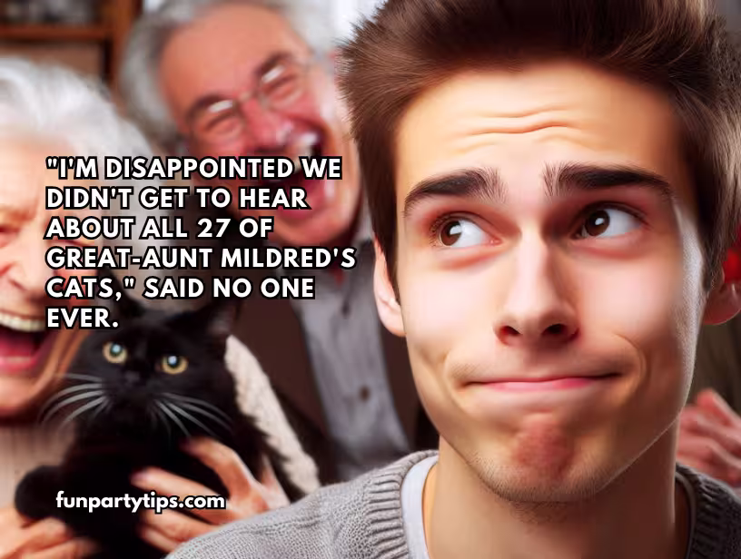 Young-man-smirking-during-Thanksgiving-Gratitude-Bowl-Game-while-an-elderly-couple-laughs-in-the-background-with-a-caption-about-Great-Aunt-Mildred's-cats.