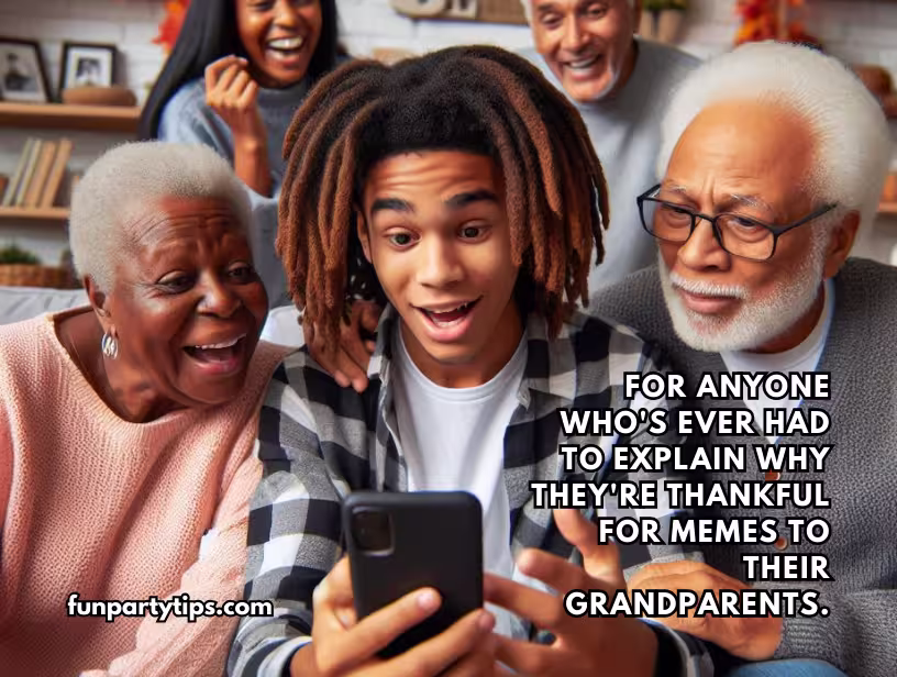 Young-man-showing-memes-on-his-phone-to-grandparents-during-Thanksgiving-Gratitude-Bowl-Game-with-a-caption-about-explaining-memes-to-grandparents.