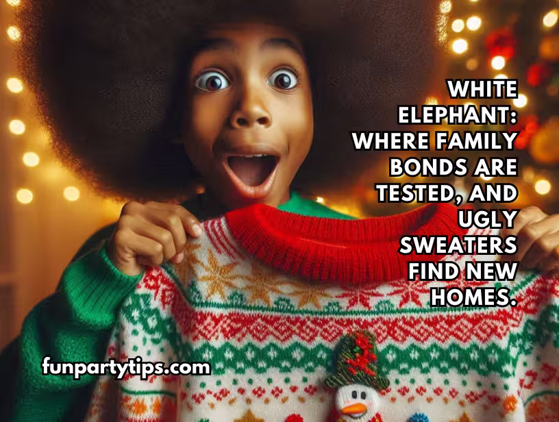 A-child-holds-up-an-ugly-sweater-during-a-white-elephant-gift-exchange-game.