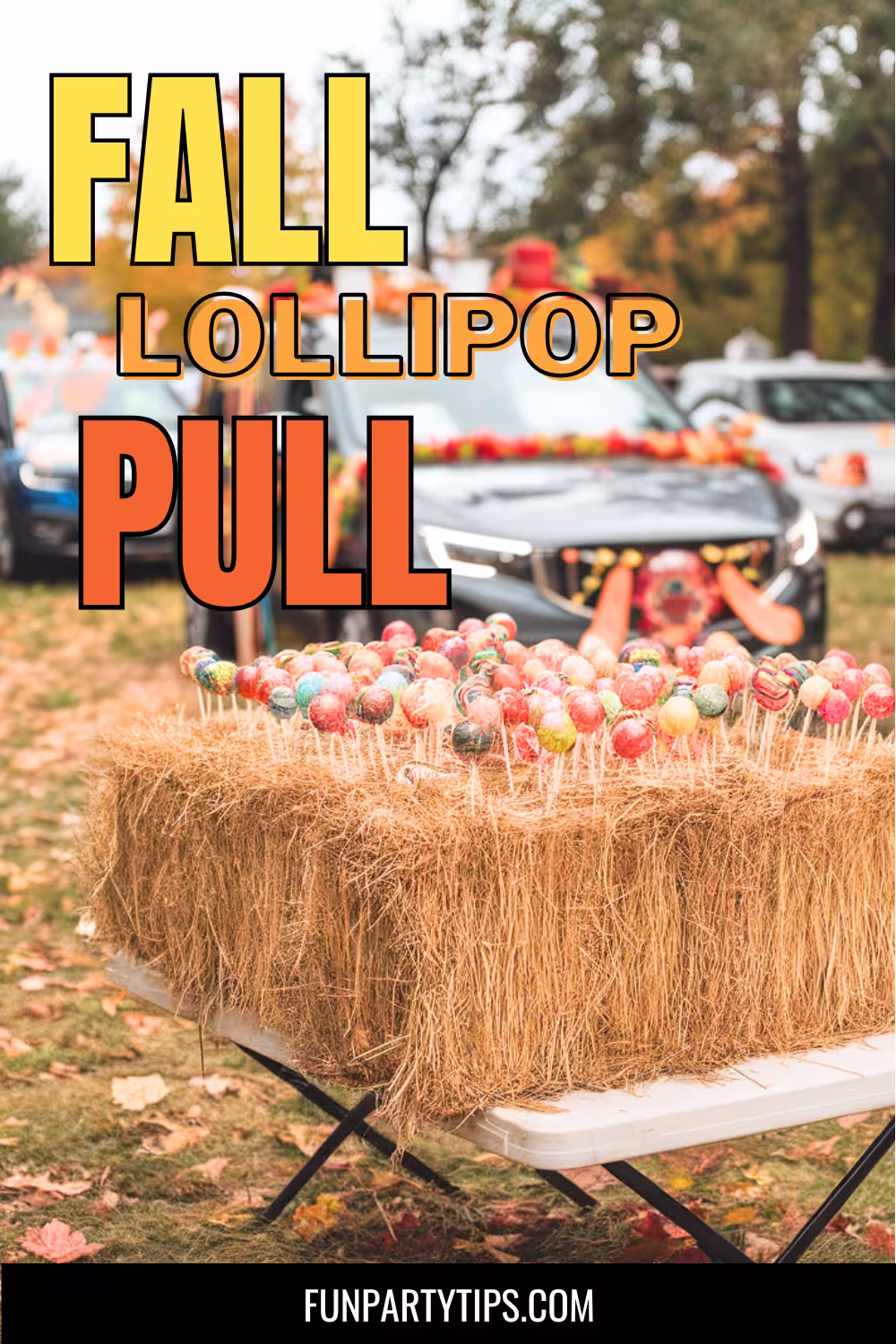  A-festive-fall-festival-scene-featuring-a-straw-bale-covered-with-an-array-of-multicolored-lollipops-under-a-banner-reading-'FALL-LOLLIPOP-PULL'-against-a-backdrop-of-autumn-leaves-and-Halloween-decorations.