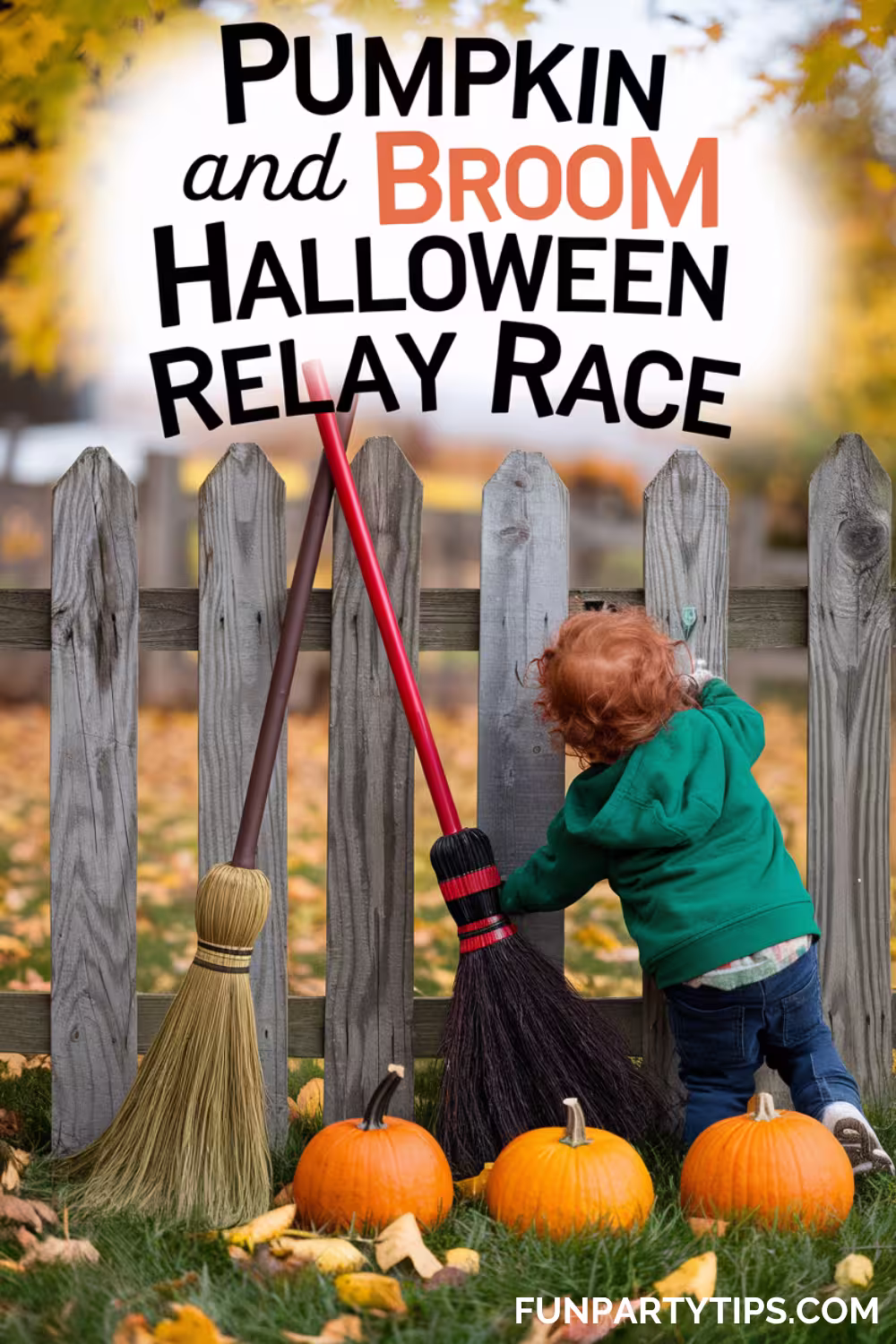 A-child-in-a-green-jacket-reaching-for-a-broom-next-to-pumpkins-at-a-fall-festival,-highlighting-the-engagement-in-the-pumpkin-and-broom-relay-race.