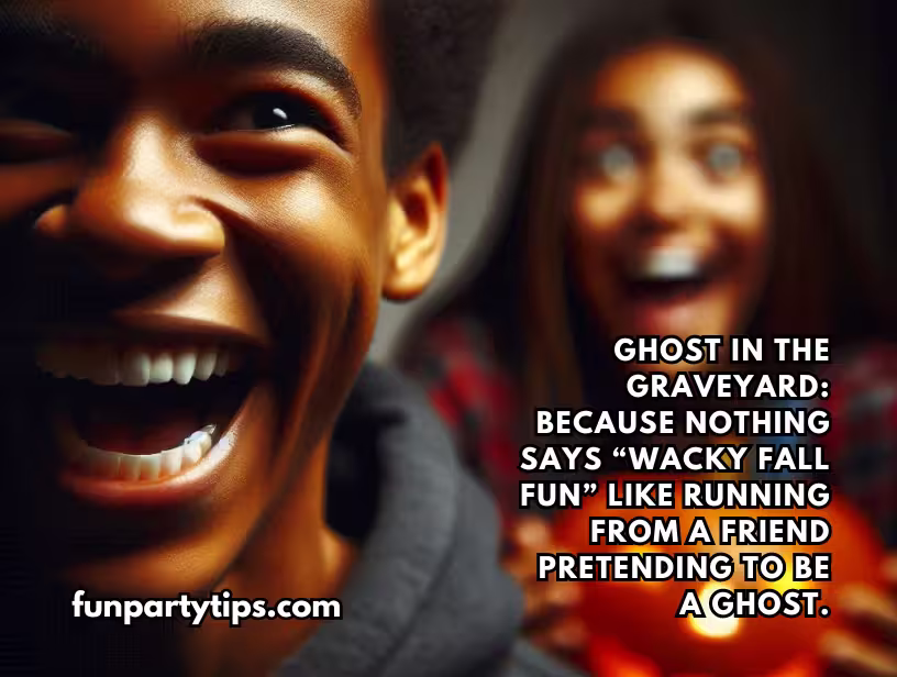 A-teen-boy-and-girl-laughing-during-a-game-of-ghost-in-the-graveyard.-The-boy-is-pretending-to-be-a-ghost-as-part-of-this-fun-fall-game-for-teens-which-makes-running-around-even-more-hilarious.