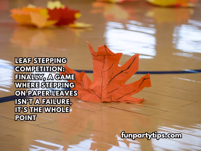 Orange-paper-leaves-are-scattered-across-the-floor-for-a-leaf-stepping-competition.-This-fun-fall-game-for-teens-makes-stepping-on-paper-leaves-the-main-objective-of-the-game.