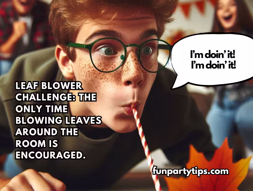 A-boy-with-glasses-using-a-straw-to-blow-paper-leaves-across-a-table-while-laughing.-This-leaf-blower-challenge-is-a-fun-fall-game-for-teens-focused-on-blowing-leaves-around-the-room.