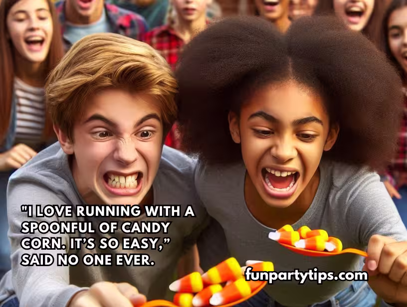 Teens-racing-while-trying-to-balance-candy-corn-on-spoons-in-a-crowded-room.-This-fun-fall-game-for-teens-shows-how-challenging-it-can-be-to-race-with-candy-corn-without-dropping-it.