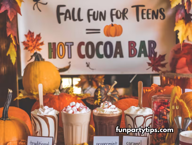 A-hot-cocoa-bar-set-up-with-marshmallows-chocolate-chips-whipped-cream-and-signs-that-say-fall-fun-for-teens.-This-hot-cocoa-bar-is-the-perfect-addition-to-fun-fall-games-for-teens.