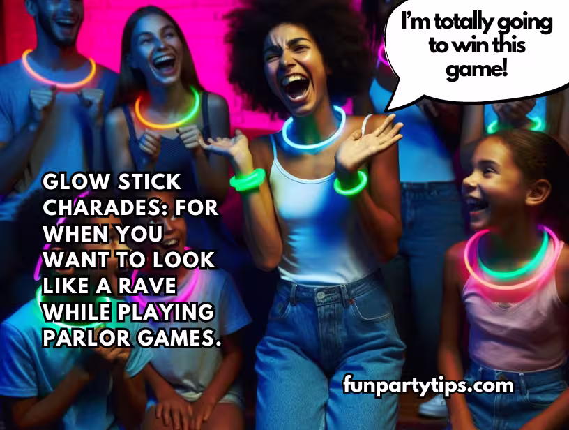 Teens-playing-glow-stick-charades-in-the-dark-with-bright-glow-stick-necklaces-and-bracelets-laughing-and-cheering.-This-fun-fall-game-for-teens-turns-parlor-games-into-a-glowing-rave.
