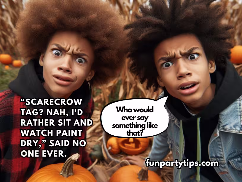 Two-teens-making-confused-faces-while-holding-pumpkins-during-a-game-of-scarecrow-tag-in-a-fall-setting.-This-fun-fall-game-for-teens-is-much-more-exciting-than-watching-paint-dry.