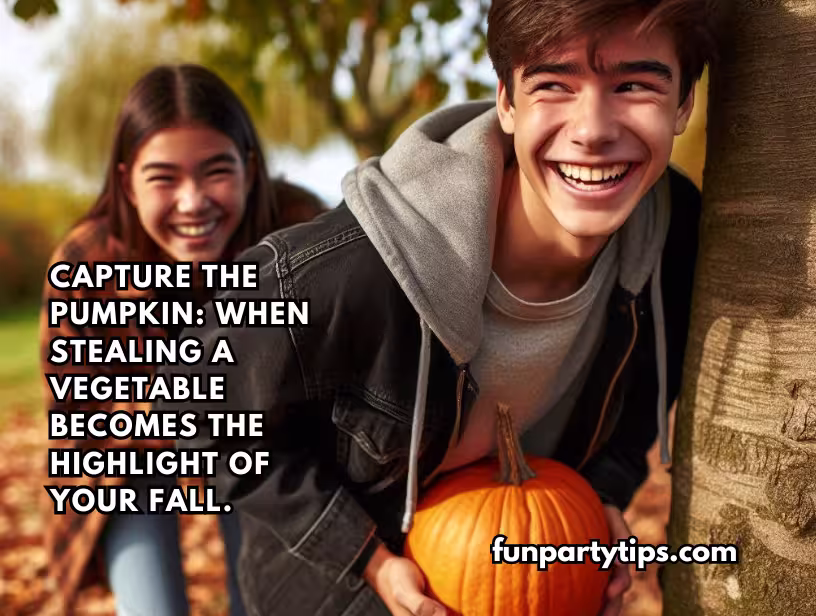  Two-teens-laughing-and-holding-a-pumpkin-during-a-game-of-capture-the-pumpkin-in-a-park-on-a-sunny-fall-day.-This-fun-fall-game-for-teens-is-all-about-stealing-pumpkins-and-having-fall-themed-fun.