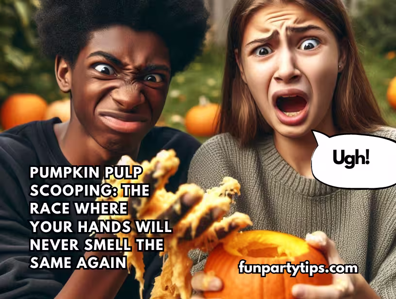 A-boy-and-girl-holding-pumpkin-pulp-with-funny-expressions-on-their-faces-during-a-pumpkin-pulp-scooping-race.-This-fun-fall-game-for-teens-is-messy-but-a-highlight-of-pumpkin-season.