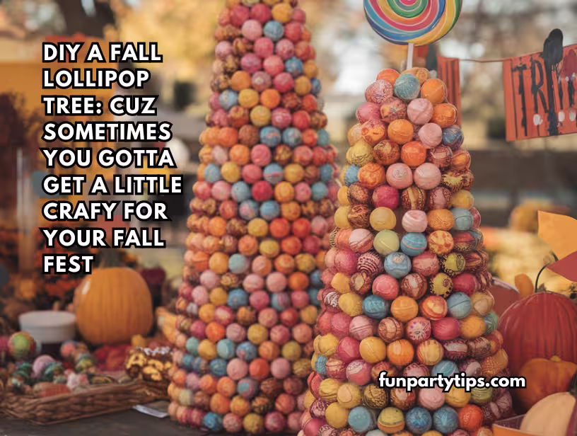 Colorful-lollipop-trees-at-a-fall-festival,-showcasing-a-DIY-craft-project-for-Halloween-with-layers-of-differently-patterned-sweets,-inviting-visitors-to-engage-in-a-fall-lollipop-pull.