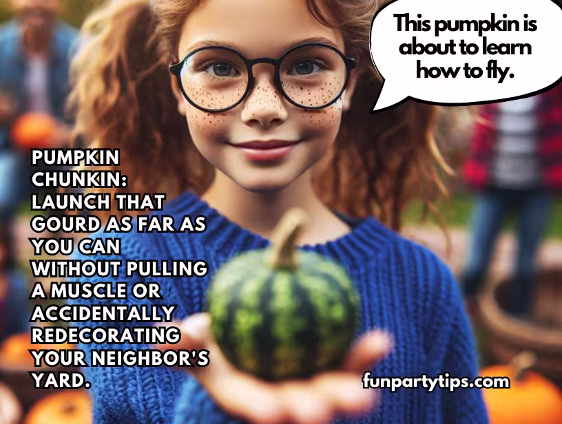 Freckled-girl-with-glasses-holds-small-green-pumpkin,-ready-to-play-pumpkin-chunkin,-an-amusing-fall-pumpkin-game-where-participants-throw-gourds.