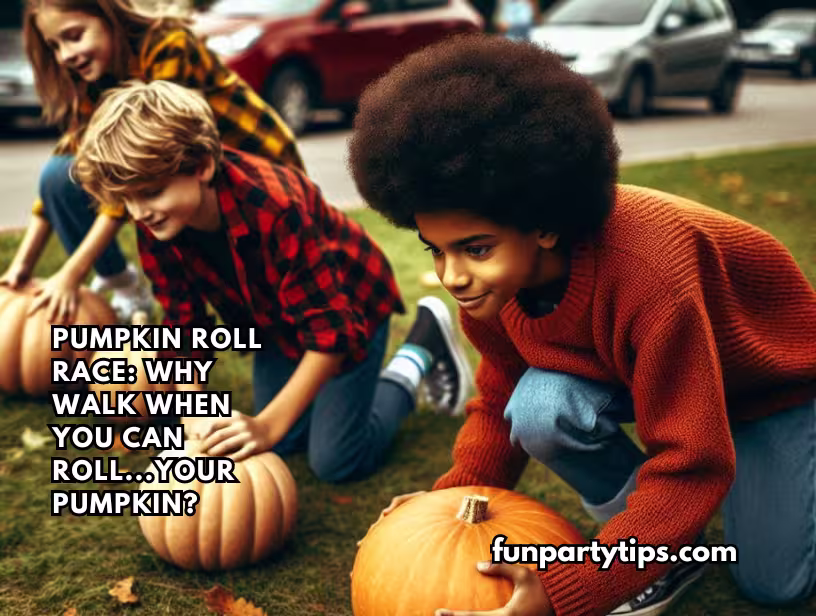 Kids-playing-pumpkin-roll-race,-one-of-many-fun-pumpkin-games-for-fall,-as-they-crouch-down-to-roll-orange-pumpkins-across-grass.