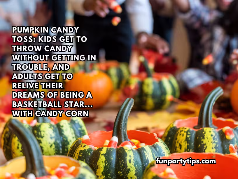 Kids-joyfully-participating-in-a-pumpkin-candy-toss-game,-combining-fun-and-skill-in-fall-pumpkin-games.