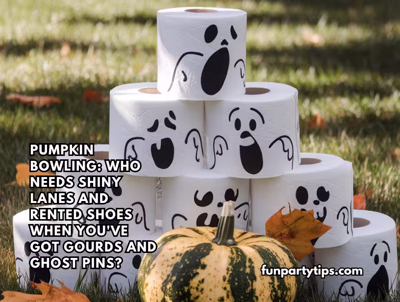 Pumpkin-bowling-setup-with-toilet-paper-rolls-decorated-as-ghosts,-a-novel-pumpkin-game-for-fall-entertainment.