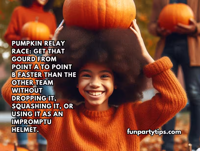 A-young-girl-smiles-broadly-as-she-holds-a-pumpkin-over-her-head-during-a-pumpkin-relay-race,-illustrating-active-pumpkin-games-for-fall.