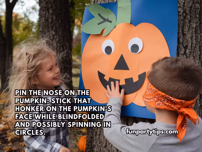 Two-children-play-"Pin-the-Nose-on-the-Pumpkin"-at-a-fall-festival,-adding-a-fun-twist-to-pumpkin-games-for-fall.