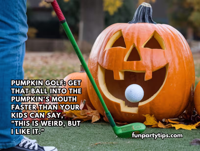 A-child-uses-a-golf-club-to-aim-a-golf-ball-at-a-carved-pumpkin's-mouth,-a-unique-twist-on-pumpkin-games-for-fall-festivals.
