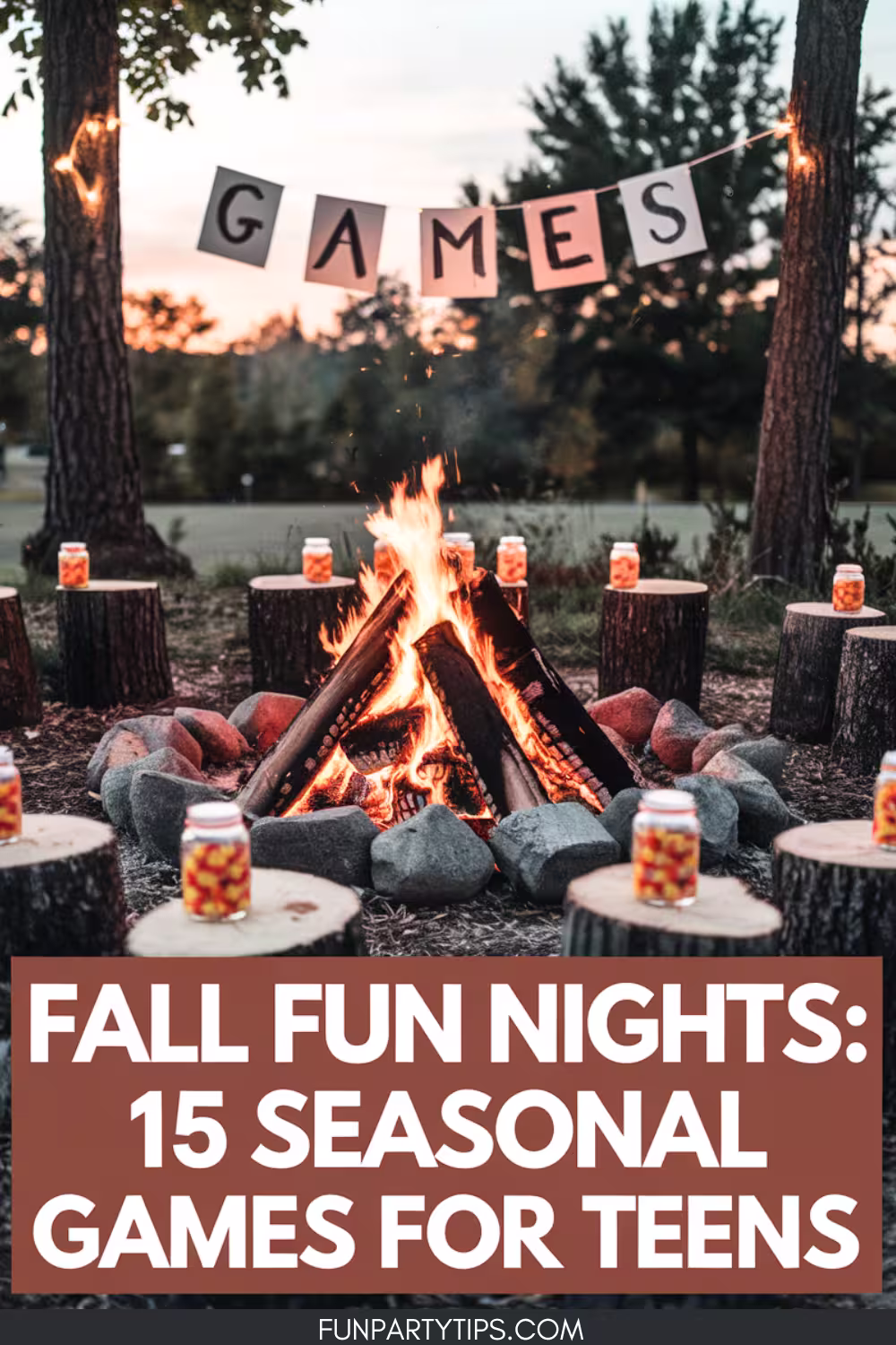 A-circle-of-logs-around-a-cozy-campfire-with-a-sign-that-says-Fall-Fun-Nights-15-Seasonal-Games-for-Teens.-This-outdoor-setting-is-perfect-for-fall-games-and-family-fun.