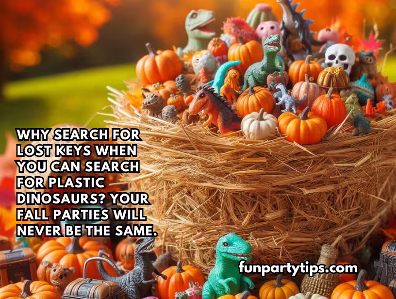 A-hay-stack-covered-with-plastic-dinosaurs-and-small-pumpkins,-suggesting-an-innovative-twist-to-the-Needle-in-a-Haystack-Halloween-game-for-kids.