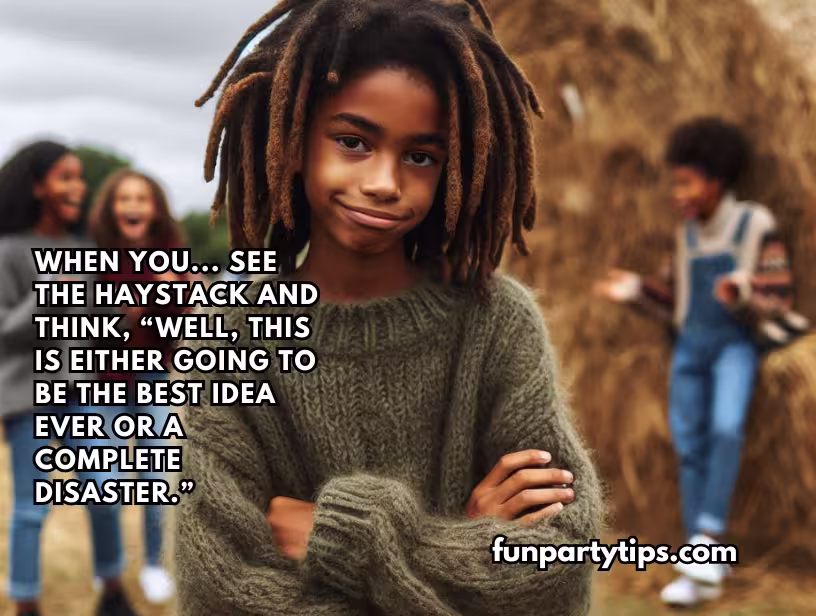 A-young-boy-with-dreadlocks-standing-in-front-of-a-hay-stack-at-an-outdoor-gathering,-with-a-captivating-caption-about-the-potential-for-the-Needle-in-a-Haystack-game-being-either-brilliant-or-a-bust.