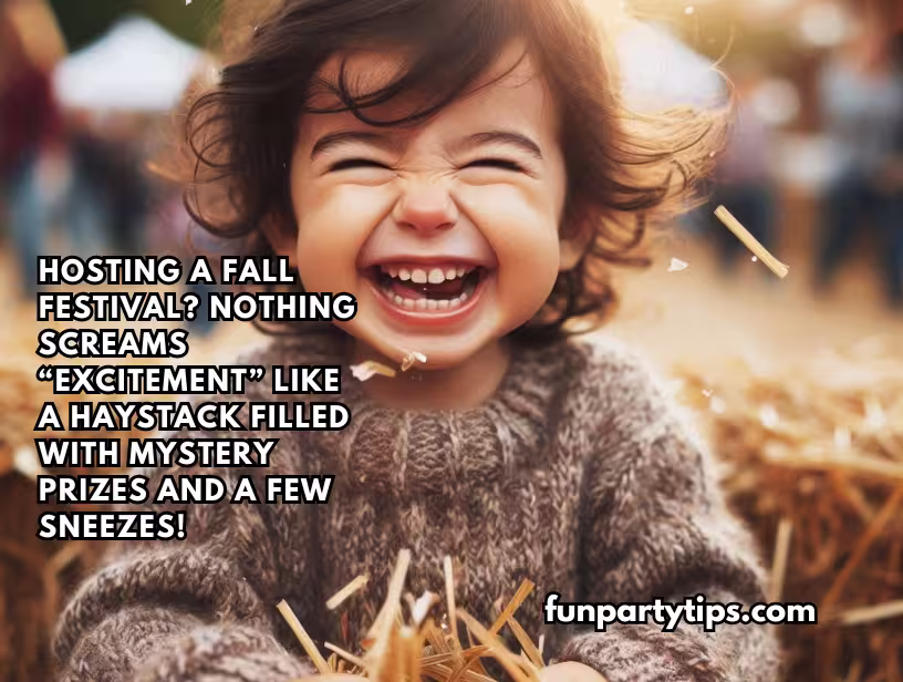 A-laughing-young-girl-covered-in-straw-sitting-in-front-of-a-hay-stack-at-a-fall-festival,-with-a-caption-that-celebrates-the-excitement-of-the-Needle-in-a-Haystack-Halloween-game-for-kids.