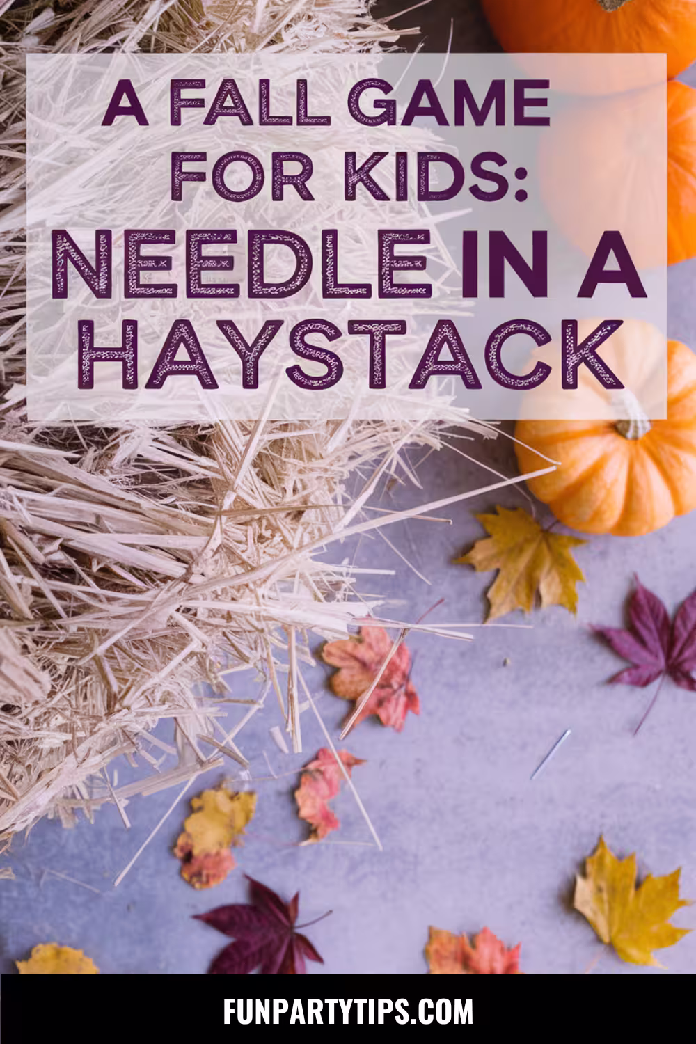 A-close-up-view-of-a-hay-stack-with-a-needle-visible-on-top,-surrounded-by-small-pumpkins-and-autumn-leaves,-highlighting-the-Needle-in-a-Haystack-game-for-kids.