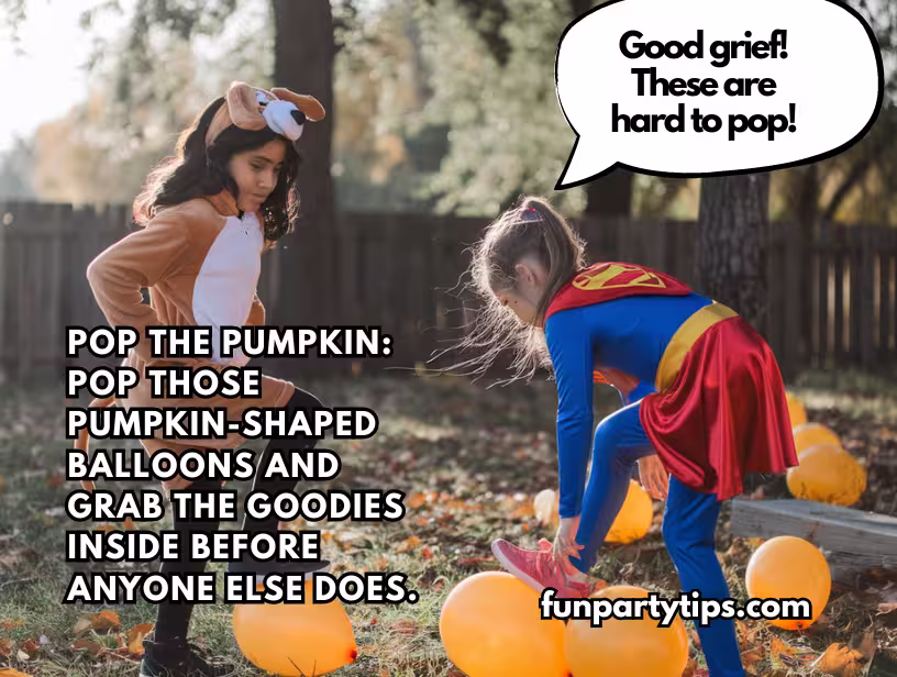 Two-girls-in-costumes-play-pop-the-pumpkin,-a-festive-fall-pumpkin-game,-trying-to-burst-orange-balloon-pumpkins-scattered-on-leaf-covered-ground.