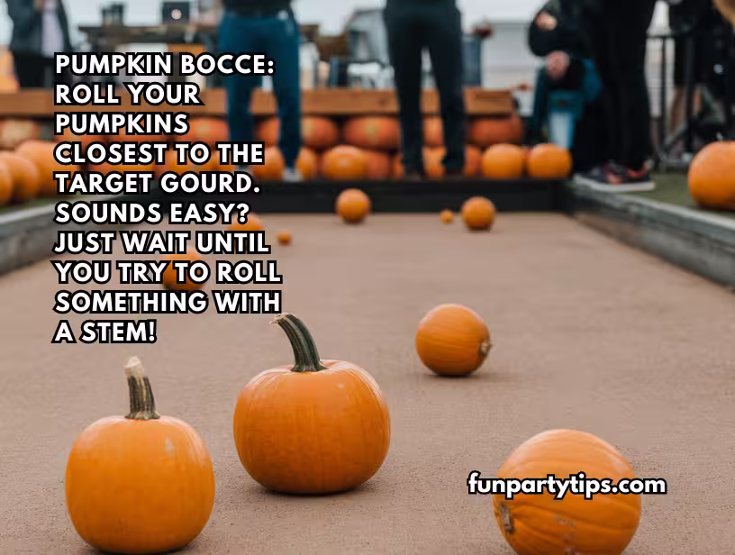 Fall-pumpkin-game-Pumpkin-Bocce-features-orange-gourds-on-a-brown-surface-with-people's-legs-visible-in-the-background.
