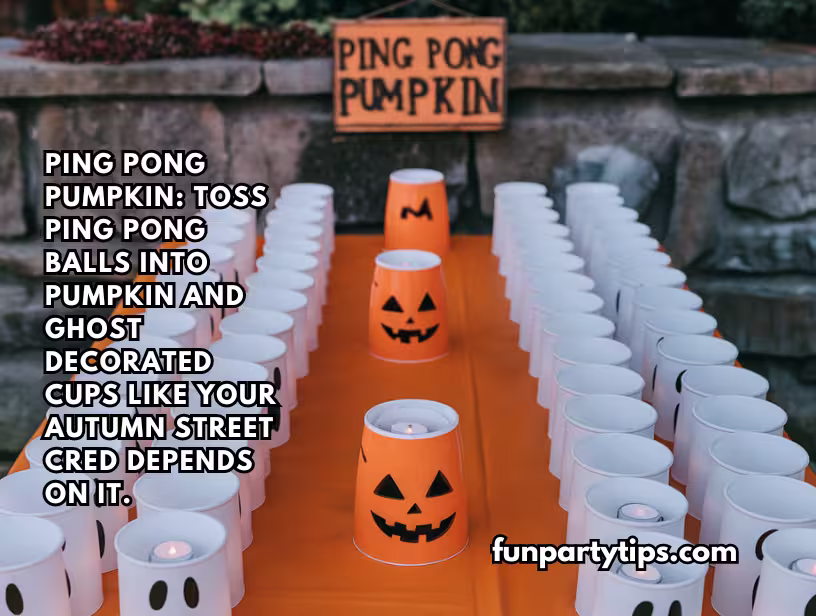 The-fall-pumpkin-game-Ping-Pong-Pumpkin-displays-rows-of-white-and-orange-cups-with-jack-o'-lantern-faces-on-an-orange-table.