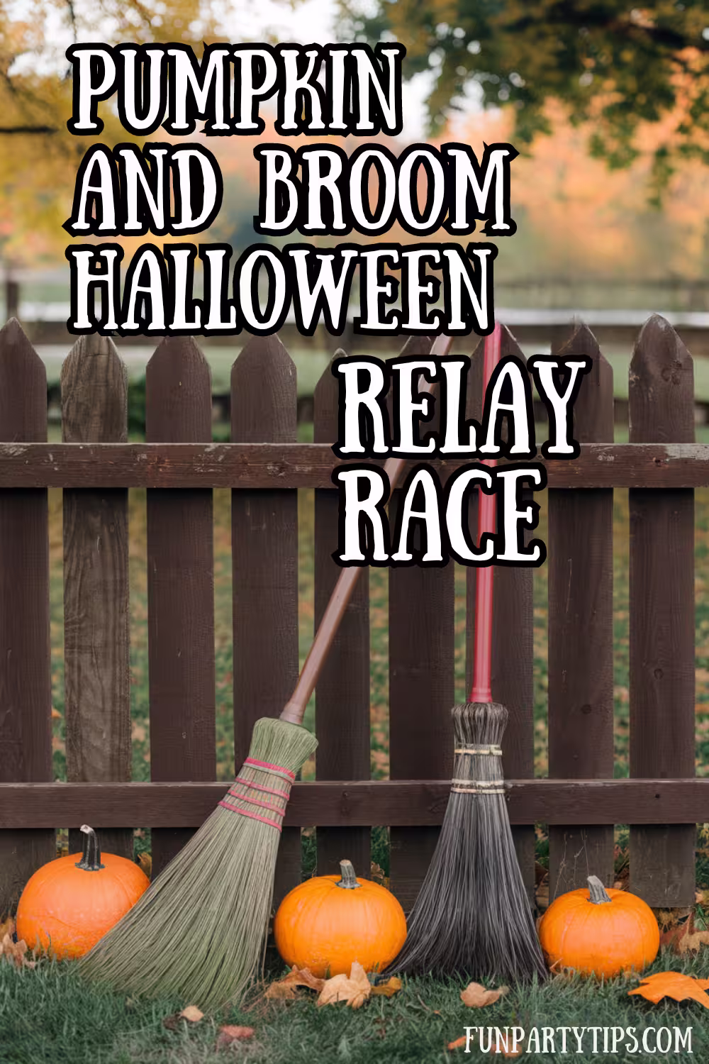 Classic-autumn-scene-with-a-pumpkin-and-two-brooms-at-a-wooden-fence,-setting-the-stage-for-a-pumpkin-and-broom-Halloween-relay-race.
