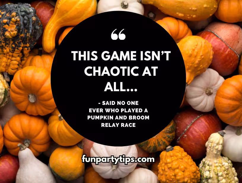 An-assortment-of-colorful-pumpkins-arranged-as-a-background-for-a-quote-about-the-chaos-of-playing-a-pumpkin-and-broom-relay-race,-highlighting-it-as-a-fun-pumpkin-game-for-Halloween.