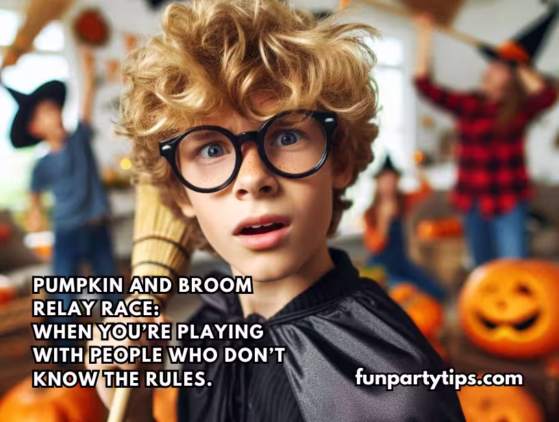 A-young-boy-with-glasses-appears-surprised-amidst-a-Halloween-party,-emphasizing-the-confusion-in-a-pumpkin-and-broom-relay-race-game-for-Halloween.