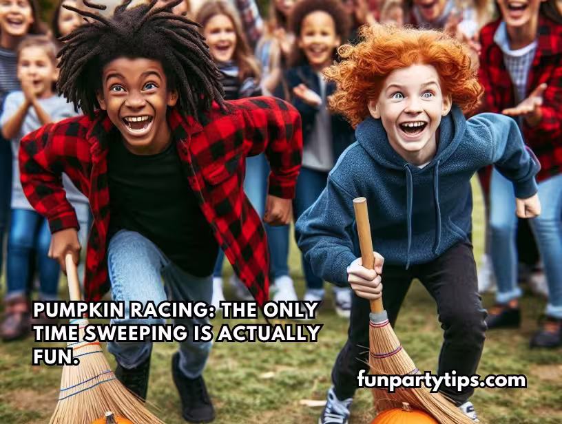 Two-children-laughing-as-they-race-with-brooms-and-pumpkins,-illustrating-the-joy-and-fun-of-this-pumpkin-game-for-Halloween.