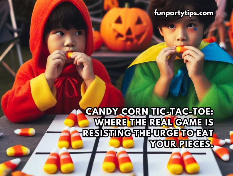 Two-children-dressed-in-colorful-costumes-play-candy-corn-tic-tac-toe-at-a-Halloween-event,-struggling-to-resist-eating-their-game-pieces,-a-popular-activity-at-fall-festivals-and-church-trunk-or-treats.