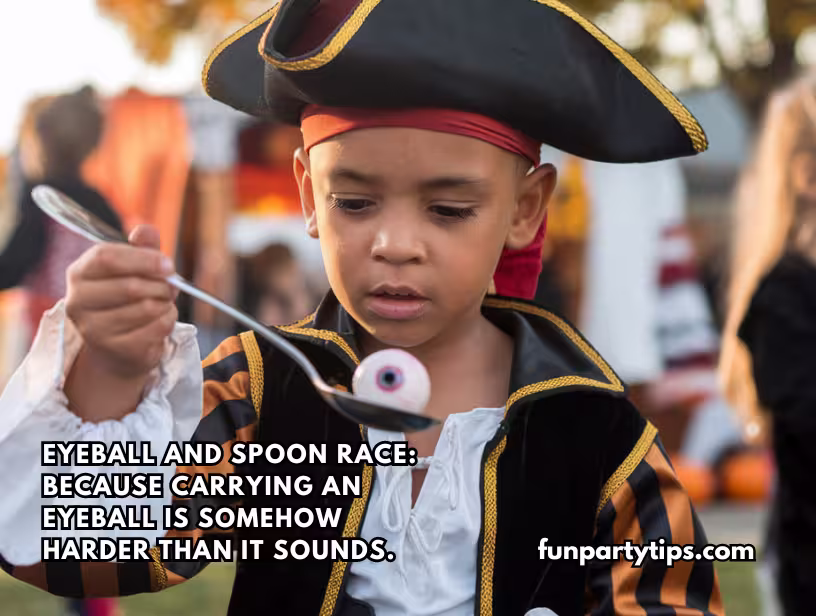 A-young-boy-dressed-as-a-pirate-concentrates-on-an-eyeball-and-spoon-race-at-a-trunk-or-treat-event,-a-challenging-and-entertaining-game-for-kids-at-church-events-and-fall-festivals.