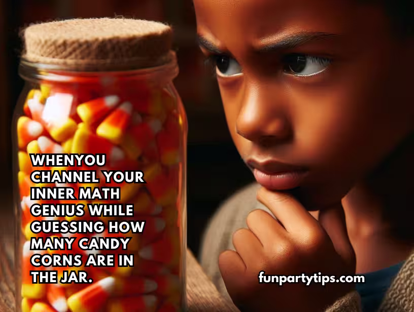 A-young-boy-intently-studies-a-jar-full-of-candy-corn,-channeling-his-inner-math-genius-during-a-guessing-game-at-a-trunk-or-treat-event,-perfect-for-church-events-and-fall-festivals.