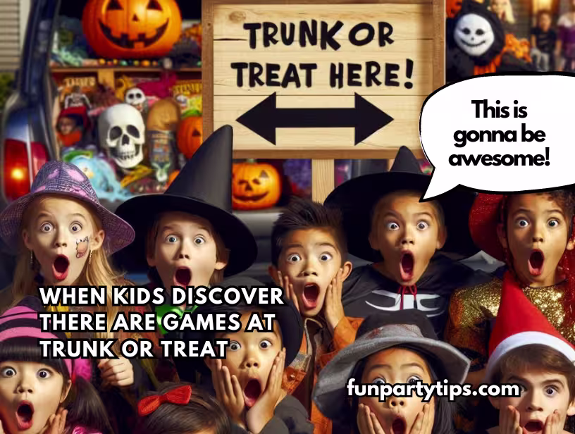 A-group-of-children-in-Halloween-costumes-express-amazement-and-joy-upon-discovering-games-at-a-trunk-or-treat-event,-making-it-an-exciting-part-of-fall-festivals-and-church-activities.