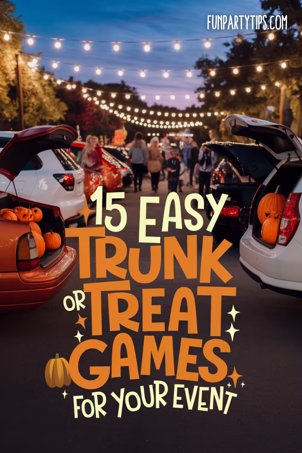 Families-and-friends-enjoying-trunk-or-treat-games-at-a-well-lit-outdoor-event-in-the-evening,-with-open-trunks-decorated-with-pumpkins-and-lights,-ideal-for-fall-festivals-and-church-gatherings.