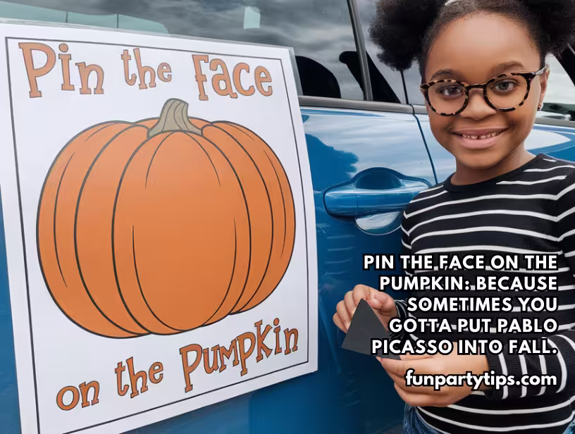 A-smiling-girl-holding-a-piece-of-black-paper-next-to-a-sign-that-reads-"Pin-the-face-on-the-Pumpkin,"-set-against-a-blue-car,-ready-to-enjoy-this-creative-trunk-or-treat-game-at-a-fall-festival-or-church-event