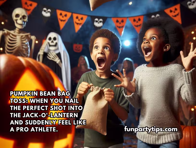 Two-excited-children-scream-in-delight-at-a-Halloween-party,-having-just-scored-in-a-pumpkin-bean-bag-toss,-a-fun-game-for-trunk-or-treat-events-at-churches-and-fall-festivals.