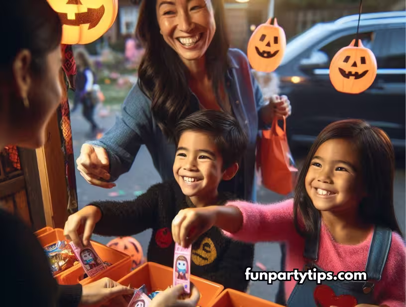 Children-happily-choose-Halloween-prizes-from-a-woman-at-a-trunk-or-treat-event,-highlighting-the-community-and-fun-at-church-hosted-fall-festivals.