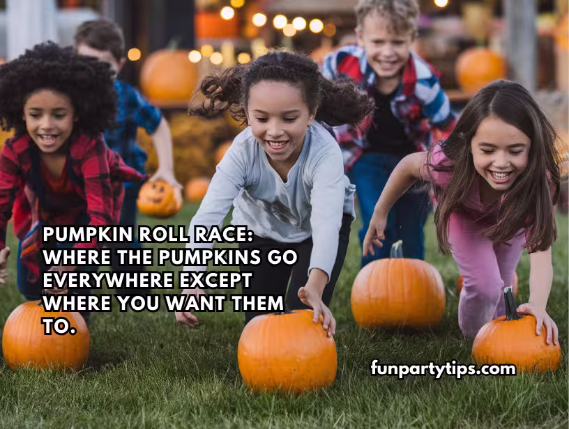 A-group-of-kids-laughing-and-pushing-pumpkins-across-the-grass-in-a-competitive-roll-race,-a-popular-activity-at-trunk-or-treat-events-that-brings-joy-and-energy-to-fall-festivals-and-church-fun-days.