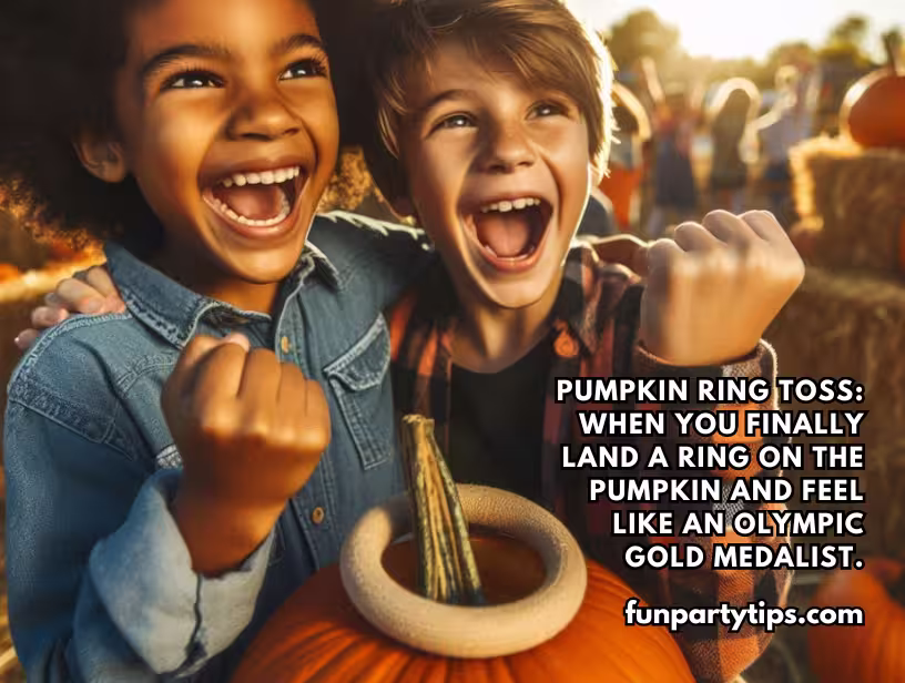 Two-joyous-children-celebrating-a-successful-ring-toss-on-a-pumpkin-at-a-trunk-or-treat-event,-their-excitement-evident-in-a-scene-perfect-for-family-friendly-activities-at-church-events-and-fall-festivals.